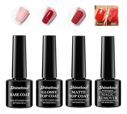 SHINETOUR Kit 4 en 1: base coat, top coat, top mate y removedor, 10 ml (top coat y base), foto de la publicación en Mercado Libre
